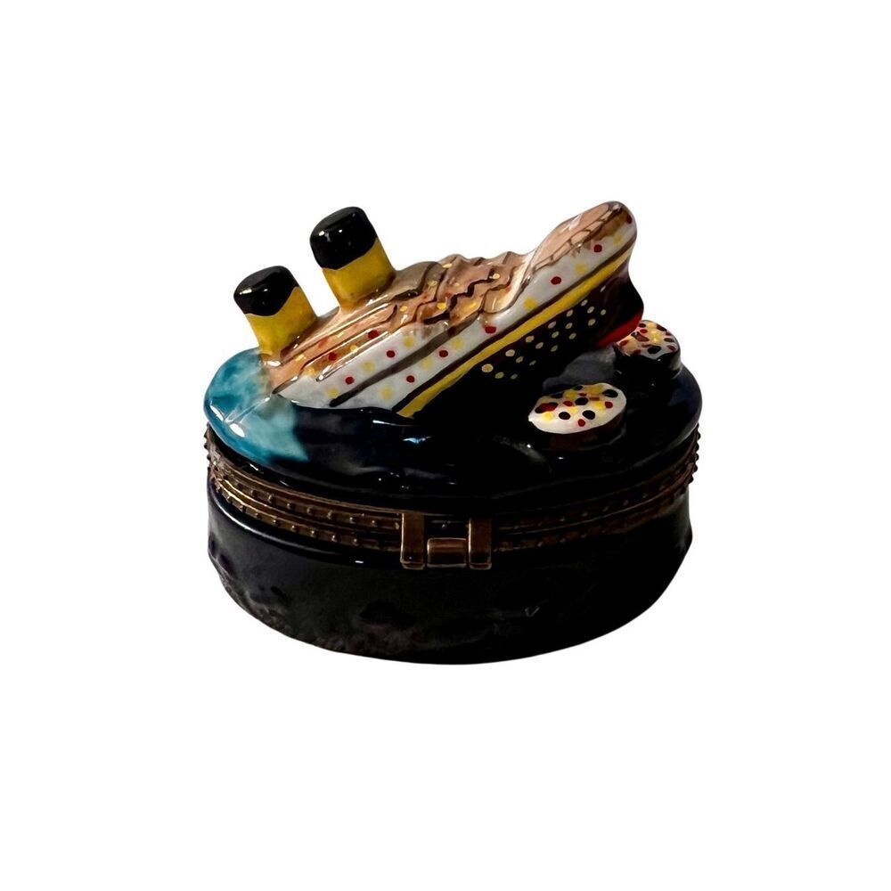 Limoge Style Sinking Titanic Hinged Trinket Box Sinking Ship w/Lifeboats